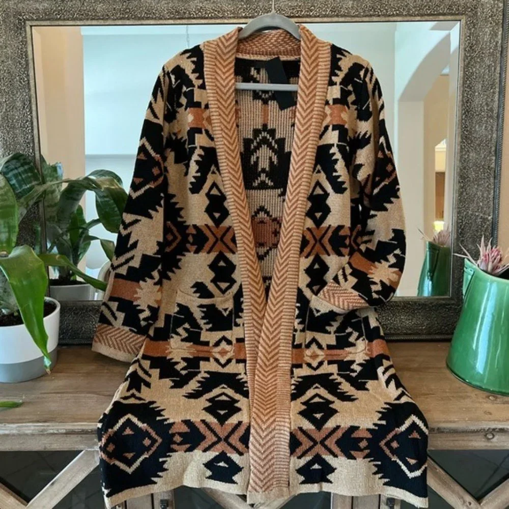 Long Tribal Print Cardigan Boho Aztec Sweater Western Pocketed Belted - Picture 3 of 6